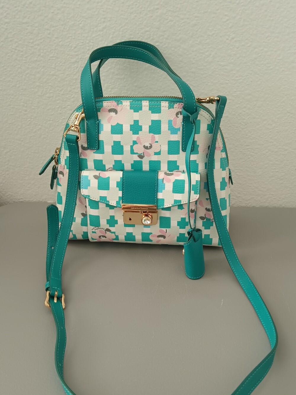 Samantha Thavasa Teal Floral Mini Canvas Leather- Women Handbag With Straps